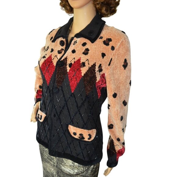 Vintage 90s Berer NWOT Beaded Diamond Leopard Cardigan Women Small Glam Rock Lux - Picture 3 of 11